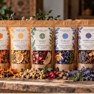 Seven Chakra Botanical Simmer Pot Gift Set featuring all seven Seeds & Soil Farm natural home fragrance blends. Complete Botanical Rituals Chakra Collection with seven kraft pouches of dried flowers, herbs, citrus, and spices handcrafted in Palmer, Alaska. Seven chakra-inspired botanical simmer pot blends arranged together, featuring colorful dried flowers and aromatic ingredients. Seeds & Soil Farm botanical simmer pot gift set with Alaska-grown botanicals and seven natural home fragrance blends..