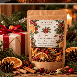 Holiday Home botanical simmer pot in kraft packaging with cranberries, orange peel, cinnamon, cardamom, and Alaska-grown rosehips. Holiday Home dried botanical blend featuring orange slices, cranberries, cinnamon sticks, star anise, cardamom, and cloves. Copper saucepan with gently simmering orange slices, cranberries, cinnamon, and holiday spices for natural home fragrance. Holiday simmer pot ingredients arranged on a rustic wooden table with dried citrus, cranberries, whole spices, and seasonal greenery. Back of Holiday Home botanical simmer pot kraft pouch featuring ingredient information and stovetop directions. Holiday Home botanical simmer pot displayed beside a wrapped gift with festive greenery, dried oranges, and warm holiday spices.