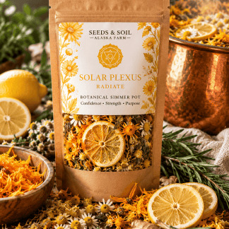 Solar Plexus Chakra Radiate botanical simmer pot in kraft packaging by Seeds & Soil Farm in Palmer, Alaska. Solar Plexus Chakra natural simmer pot blend with yellow calendula flowers, chamomile, dried lemon peel, ginger, and rosemary. Golden calendula petals, chamomile blossoms, lemon slices, and aromatic herbs displayed beside a botanical simmer pot blend. Seeds & Soil Farm Seven Chakra Botanical Simmer Pot Collection featuring seven naturally fragrant blends.