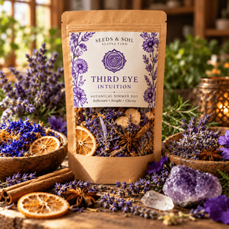 Third Eye Chakra Intuition botanical simmer pot in kraft packaging by Seeds & Soil Farm in Palmer, Alaska. Third Eye Chakra natural simmer pot blend featuring lavender, rosemary, star anise, dried orange peel, and Alaska-grown flowers. Lavender blossoms, rosemary sprigs, star anise, and dried orange slices arranged beside a botanical simmer pot blend. Seeds & Soil Farm Seven Chakra Botanical Simmer Pot Collection featuring seven colorful natural home fragrance blends.